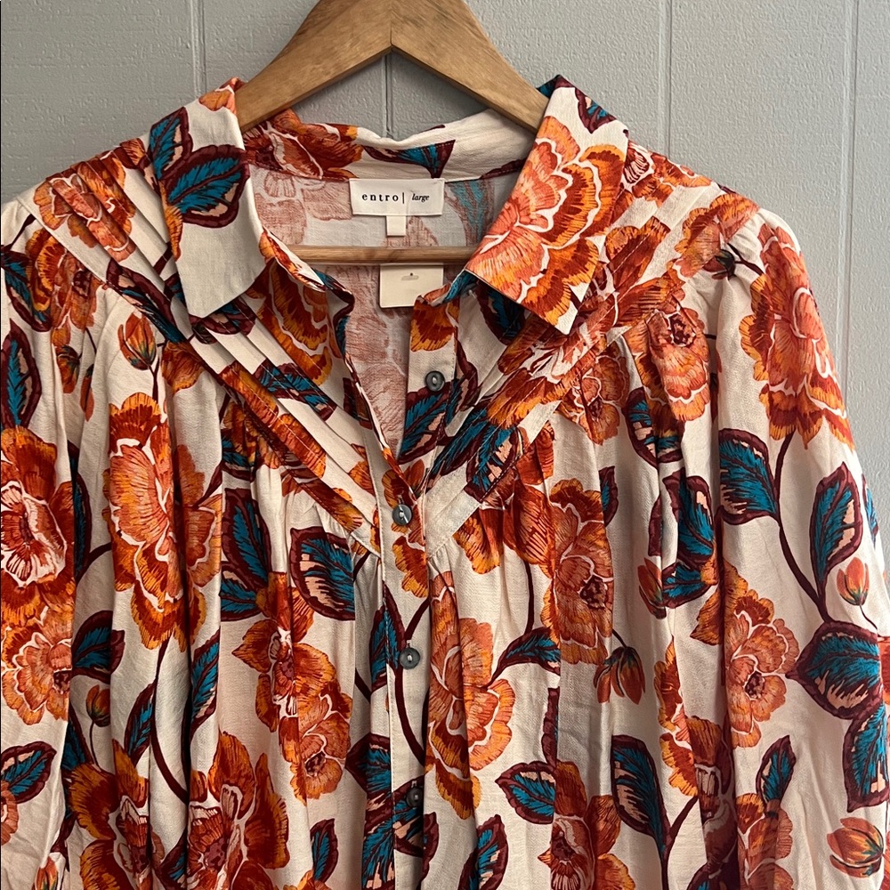 NWT Floral Entro Top Blouse Shirt Large Orange Blue - Picture 3 of 14